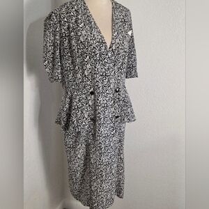 Liz Roberts Vintage Black & White Floral Double-Breasted Peplum Dress, Size 16
